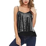 Ronony T-Shirt Damen Oberteile Top V-Ausschnitt T Kurzarm Tee Shirts Pailletten Sommer Blusen Tops Shirts für Partys Clubs Crop Top Gerippte Weste Ärmellose Paillette Tank Tops Cocktail B