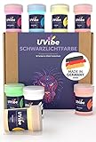 Fluoreszierende Schwarzlicht Farbe - 8x Knallige Neon Farbe für Wände, Kunst und weiteres MADE IN GERMANY - Tag und UV Leuchtfarbe - UV Farbe für leuchtende Deko - Fluoreszierende Farbe von UVib