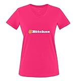 Comedy Shirts - # Bitches - Damen V-Neck T-Shirt - Pink/Weiss-Gelb Gr. M