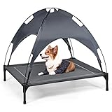 GOPLUS Hundeliege mit Dach, Erhöhtes Hundebett, Haustierbett mit Eisenrahmen, Wasserdichtes Hundesofa, Katzenbett mit Sonnensegel, rutschfeste Fußpolster, für Indoor & O