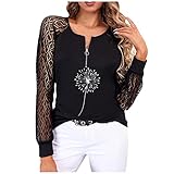 Damen Sexy Bauchfreie Oberteil Frauen V-Ausschnitt Sexy Spitze Langarm T-Shirts Lässige Lose Schädel Flügel Liebe Herz Print Blusen T-Shirt Mode Patchwork T Tops Geschenk für Teen G