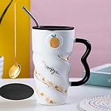 Arawat Lustige Tasse Groß Kaffeetasse mit Deckel Keramik Teetasse mit Löffel & Untersetzer 500 ml Kaffeebecher Witzige Tasse Espressotassen Kaffee Tasse Cappuccinotasse Geschenk (Orange)