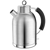 Wasserkocher Edelstahl, ASCOT Elektrischer Wasserkessel, 2200 W, 1,6 liter, Retro Design, kabelloser Teekocher, BPA frei, Trockengehschutz, automatische Abschaltung, (Matt)