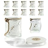 WeddingTree 12 x Windlicht Glas mit Bügel und Dekoband weiß - Teelichtgläser - Einfach Abnehmbarer Metallbügel - Deko für Hochzeit (Romantik klein)