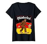 Damen Oktoberfest Sasquatch Bigfoot bayrisches Bier Deutsche Brezel T-Shirt mit V