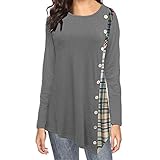 Damen Langarm T-Shirt Damen Mode Gitter Patchwork Shirt Frühling und Herbst neu Knopfverzierung Dekoration Komfortabel Mode Unregelmäßiger Saum T-Shirt M