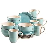 MÄSER 931496 Bel Tempo II Frühstück-Service für 6 Personen im Vintage Look, handbemalte Keramik, 18-teiliges Geschirr-Set, Türkis, Steing