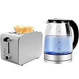 HIMU Wasserkocher- Und Toaster-Sets, 1500W Wasserkocher Und 2-Scheiben-Toaster Mit Auftaufunktion, Aufwärm- Und Abbruchfunktion, Abschaltautomatik, Silb