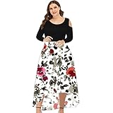 Komiseup Große Größe Kleid Damen Sexy Rundhalsausschnitt Schulterfrei Blumendruck Trägerloses Farbverlauf Spleißen Langarm Pullover Unregelmäßiger Saum Partykleid Freizeitkleid Plus Size Maxik