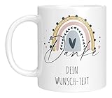 Personalisierte Tasse - 'Danke + Dein Wunsch-Text, mit Regenbogen Motiv' personalisiert - Dankes Geschenk Abschiedsgeschenk Erzieher*innen/Tagesmutter/Lehrer*innen (Weiß)