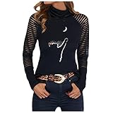 tohole Damen Langarmshirt Tunika Oberteil Shirts Basic Casual Longshirt Halber Stehkragen Sexy Spitze Spleißen Langarm Schwarzes Top Bluse B