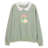 STOREYH Damen Kawaii Frosch mit Hut Druck Tops Lässig Loose Langarm Spleiß Revers Fleece Oberteile Tasche Pullover Sweatshirt Herbst Winter Bequem Atmungsaktiv Tee Frauen Bluse Wickel Tunika T-S