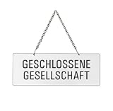 Ofform Hängeschild Geschlossene-Gesellschaft | Material Melamin beidseitig weiß | Metallkette | Text einseitig | Format 175 x 65 mm | Nr.31014-W
