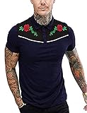 JINIDU Herren Poloshirt, kurzärmelig, Rosen-Blumen-Stickerei, Casual Baumwolle Gr. XL, b