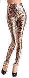 krautwear Damen Mädchen Hose Stretch Glanz Leggings Jeggings mit Hohem Bund Leder Look Schwarz Silbern Braun Leo F