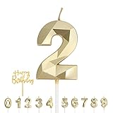 yumcute Geburtstag Kerzen Geburtstag Zahl Kerzen, 3D Form Glitzer Geburtstagstorte Ziffer Kerzen und Happy Birthday Cake Topper, für Geburtstag Party Hochzeit Jahrestag Feier (Gold, 2)