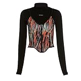 Qtinghua Damen-T-Shirt, 2-teilig, langärmelig, Stehkragen, bauchfreies Top und bedrucktes Camisole Set, mehrfarbig, S