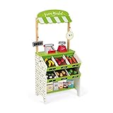 Janod J06574 „Green Market“ Holz-Lebensmittelladen für Kinder, 32-teiliges Zubehör, Einkaufs-Fantasiespielzeug, für Kinder ab 3 Jahren, grün und weiß