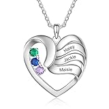 Albertband Personalisierte Mutter Name Herz Halskette 2/3/4/5 Simulierte Birthstones 925 Sterling Silber Mutter Kind Halskette für Ehefrau Mutter (3 Steine)