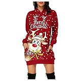 Weihnachtskleid Damen Weihnachtsmotiv Elch Rentier 3D Druck Minikleid Hoodies Sweatshirt Pullover Kleid Xmas Langarm Vintage Elegants Langarm Party Kleider Kapuzenpullover Tops mit Tasche Winterk