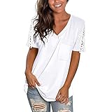 Masrin Frauen Tops Mode Spitze Applique Aushöhlen Kurzarm Patchwork T-Shirt Sommer Einfarbig Basic Pullover V-Ausschnitt Lose Tunika Bluse(L,Weiß)
