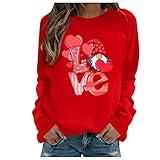 Topassion Damen Valentinstag Pullover Basic Langarmshirt Herz Muster Bedrucktes Oberteil Tops Frauen Freizeit Bluse Sweatshirt Langarm Baggy T Shirt Rundhals Tunika Lockerer Streetw