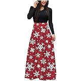 Damen Langarm Weihnachtskleid Lose Weihnachten Drucken Plus Size Maxikleider Lässige Langkleider Frauen Klassisch Farbblock Hohe Taille Hochzeit Urlaub Party Splice Max