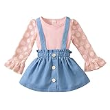 OverDose Kinder Spitze Polka Dot Print Trompetenärmel Loch Gestreiftes Oberteil + Denim Trägerrock Set(6Monate-4Jahre)