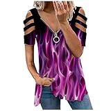 Zhiyao Damen Oberteile Lässiges Sweatshirt V-Ausschnitt Kurzarm T-Shirt mit Reißverschluss Damen Pullover Kontrastfarbene Patchwork-Tunika-B