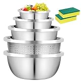 EXLECO Küchenschüssel Edelstahl Rührschüssel 5-teilig Set, 20 +22+24+26+26cm Salatschüssel Set Schüsseln für die Küche Nudelsieb und Schüssel Set mit 2 Schw