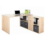 RICOO Eck-Schreibtisch Arbeitstisch Winkel-Kombination Office Bürotisch (WM081-ES) Gaming Computer-Tisch (Flexibel 90-180°) Holz Sonoma Eiche mit Regal Akten-Schrank Low-B