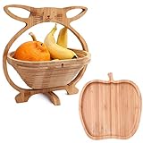 Flanacom Obstkorb aus Bambus-Holz im 2er Set mit Obstschale - Faltkorb mit Ständer für Obst und Gemüse - Küchen-Dekoschale faltbar - Geschenkidee Einweihung (Hasen Design)