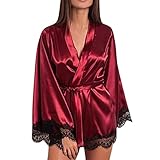 Damen-Kimono-Robe, kurz, Satin, reine Farbe, Brautparty-Robe mit schrägem Schnitt, wein, 42