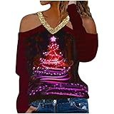 Masrin Trendige Oberteile Damen Bunte Weihnachtsbaum Grafiken Pullover Kontrastfarbene Patchwork Tunika Sexy schulterfreie Langarmshirts Neckholderbluse mit V Ausschnitt Christmas T S