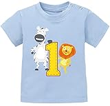 MoonWorks® Baby T-Shirt Kurzarm Babyshirt Geburtstag Eins 1 Jahr Geschenk Tiere lustig Jungen Mädchen Shirt hellblau 80/86 (10-15 Monate)