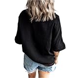 QWERD Damen Bluse Oberteil V-Ausschnitt Tops elegant Vintage Tunika Lose T-Shirt Sommer Hemd Damen Kurzarm Bluse Tunika Oversized Shirts Baumwolle Leinen Tasche Sommer Blusenshirt Oberteile Einfarbig