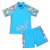 iiniim Kinder Mädchen Badeset UV-Schutz Badeanzug Blumen Druck Zweiteiler Bikini Tops mit Badeshorts Bademode Schwimmanzug Gr.98-176 Himmel Blau 140-152