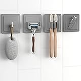 LOBUX® - 4in1 Badezimmer Halter Set selbstklebend [Soft-Touch Silikon], superfester Halt - Bad Organizer enthält: Rasierhalter, Zahnbürstenhalter, Haken, Neodym Magnet (hellgrau)