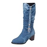 Damen Hohe Stiefel, 2019 Winter Schuhe Leder Warme Fell Gefüttert Schneestiefel Reitstiefel Niedrige mit Absatz Overknee Beiläufige Schnalle Langschaft Kniehohe Stiefel Schwarz Grau B