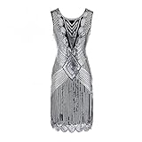 KIMODO Retro 1920s Kleid Damen Flapper Cocktailkleider V Ausschnitt mit Kurzem Ärmel Partykleider Quasten Saum Midi Länge Kleider (H-Weiß, L)