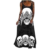 VICIKON Halloween Strandkleid Damen Ärmelloses,Freizeitkleider für Damen,Bequem Frauen Röcke,1950er Vintage Terror Schädel Kürbis Print Halloween Kostüm,Vintage Casual Plus Größ