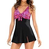 MRULIC Damen Badeanzug Große Größen Split Badekleid Tankini Bikini Set Streifen Schwimmanzug Halfter Bademode Strandkleid Mit Hotpants Bauchweg Top(A-Rosa,EU-42/CN-2XL)