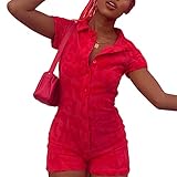 CharmShow Damen Sexy Bodysuit Jumpsuit Kurz/Langarm Polokragen Knopf Bodycon Strampler Einteiler Cut Out Biker Y2k Streetwear, B_red, 38