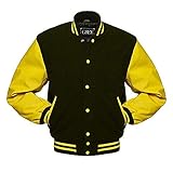 Varsity Herren Baseballjacke Wolle Body & Echtes Leder Ärmel Letterman (Schwarz-Gelb-XXXL)