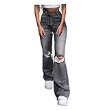 Haiorziyou Jeanshosen Damen Knopf Hohe Taille Elastische Loch Jeans Zerrissene Stretch Lose Jeans Knöpfe Denim Hosen RöHrenjeans Mit Taschen Bootcut-Hose High Waist Freizeithose Schlagj