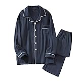 Spring and Autumn Cotton Soft Breathable Ladies Pajamas Long-Sleeved Long Pants Simple Casual Two-Piece Home Wear (Grey Cyan Medium)