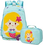 BLUBOON Rucksack für Mädchen Kinder Vorschulrucksack mit Lunchbox Kindergarten Schule Büchertaschen-Set, Meerjungfrau hellblau, Larg