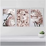 xwlljkcz 3 Stück Rosa Pfingstrose Blume Leinwand Malerei Nordic Wandkunst Bilder Modulare Gemälde Poster und Drucke Für Wohnzimmer Wohnkultur 50x70 cm Kein R