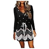 Minikleid Langarm Freizeitkleid Langarm Blusenkleid Damen Kleider Tshirt Winterkleid für Damen V-Ausschnitt Minikleid Lose Tunika Boho Loose Rock Leinenkleider Geschenk Für Frauen (A-Black, XL)