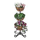 Relaxdays Blumenständer mit Kokospflanzschalen, 3 Etagen, dekorativer Ständer aus Stahl, Pflanzenetagere, schwarz/Natur, 1 Stück, 10036863